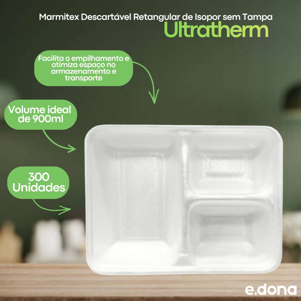Marmitex Descartável Retangular 900ml de Isopor sem Tampa 3 divisórias com 300 unidades Ultratherm