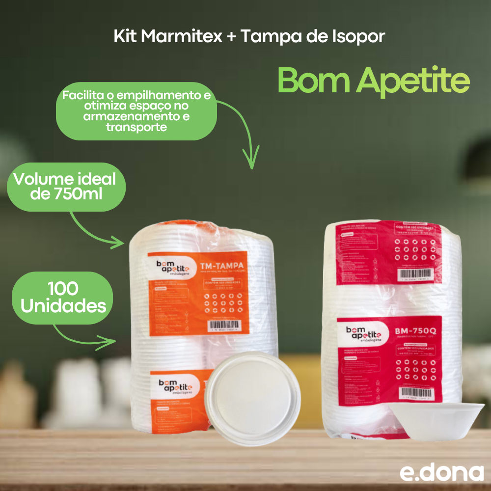 Kit Marmitex + Tampa de Isopor 750ml Bom Apetite – 100 Unidades Cada