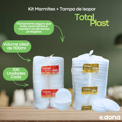 Kit Marmitex + Tampa de Isopor 1100ml Total Plast – 100 Unidades Cada