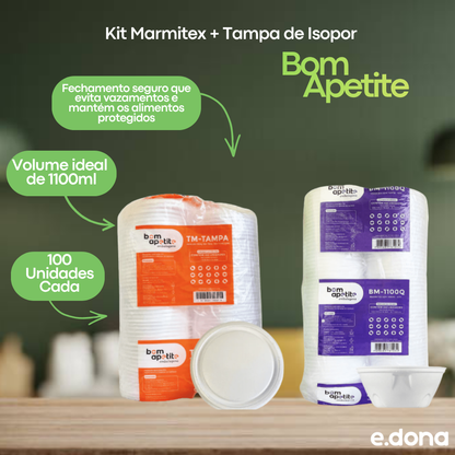 Kit Marmitex + Tampa de Isopor 1100ml Bom Apetite - 100 Unidades de Cada