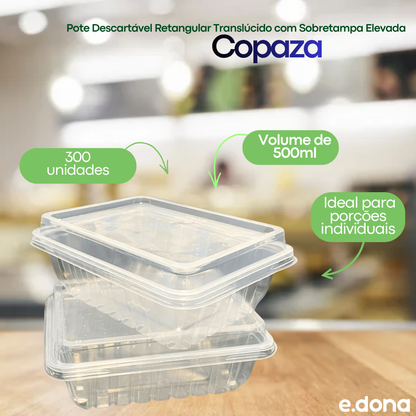 Pote Descartável Retangular Translúcido 500ml com Sobretampa Elevada 300 Unidades Copaza