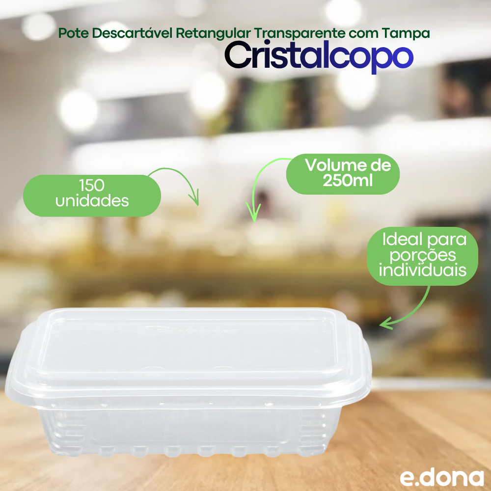 Pote Descartável Retangular Transparente 250ml com Tampa com 150 unidades Cristalcopo
