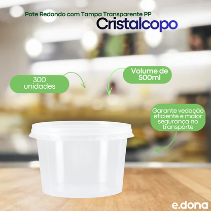 Pote Descartável Redondo PP 500ml com Tampa Transparente 300 Unidades Cristalcopo
