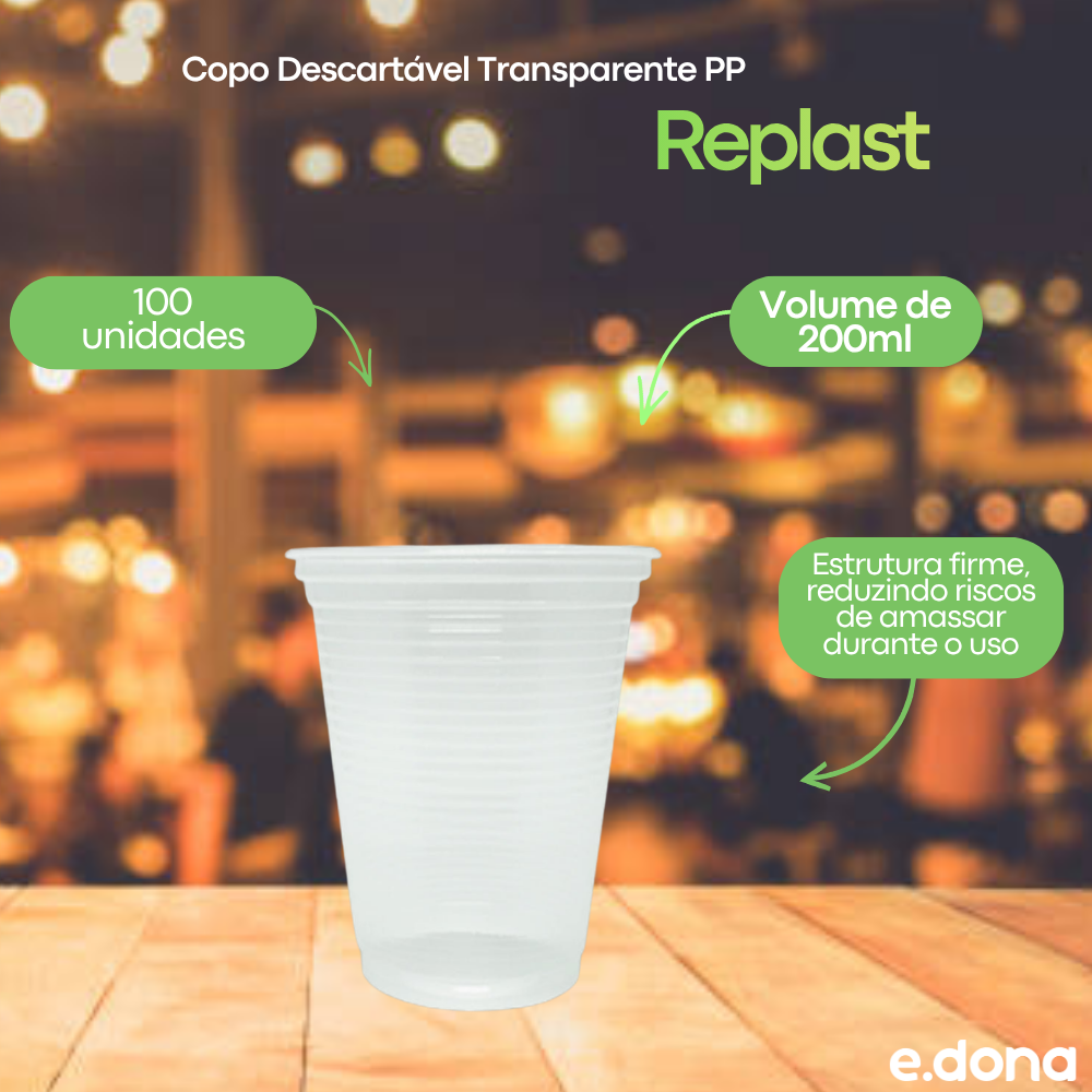 Copo Descartável 200ml Transparente PP Ultra Copos Replast com 100 unidades