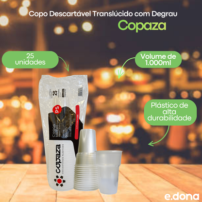 Copo Descartável de 1.000ml Translúcido com Degrau Copaza – Pacote com 25 Unidades