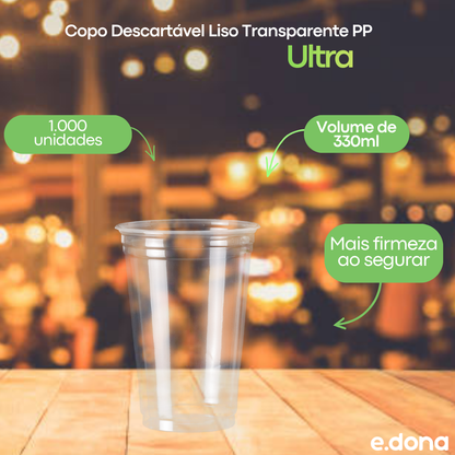 Copo Descartável de 330ml Liso Transparente PP Ultra Copos Replast com 1.000 unidades