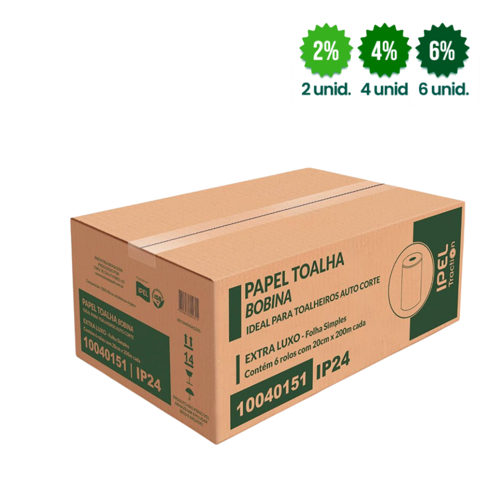 Papel Toalha Bobina 100% Celulose 24gr Ipel Indal com 6 Rolos de 200 Metros