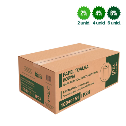 Papel Toalha Bobina 100% Celulose 24gr Ipel Indal com 6 Rolos de 200 Metros