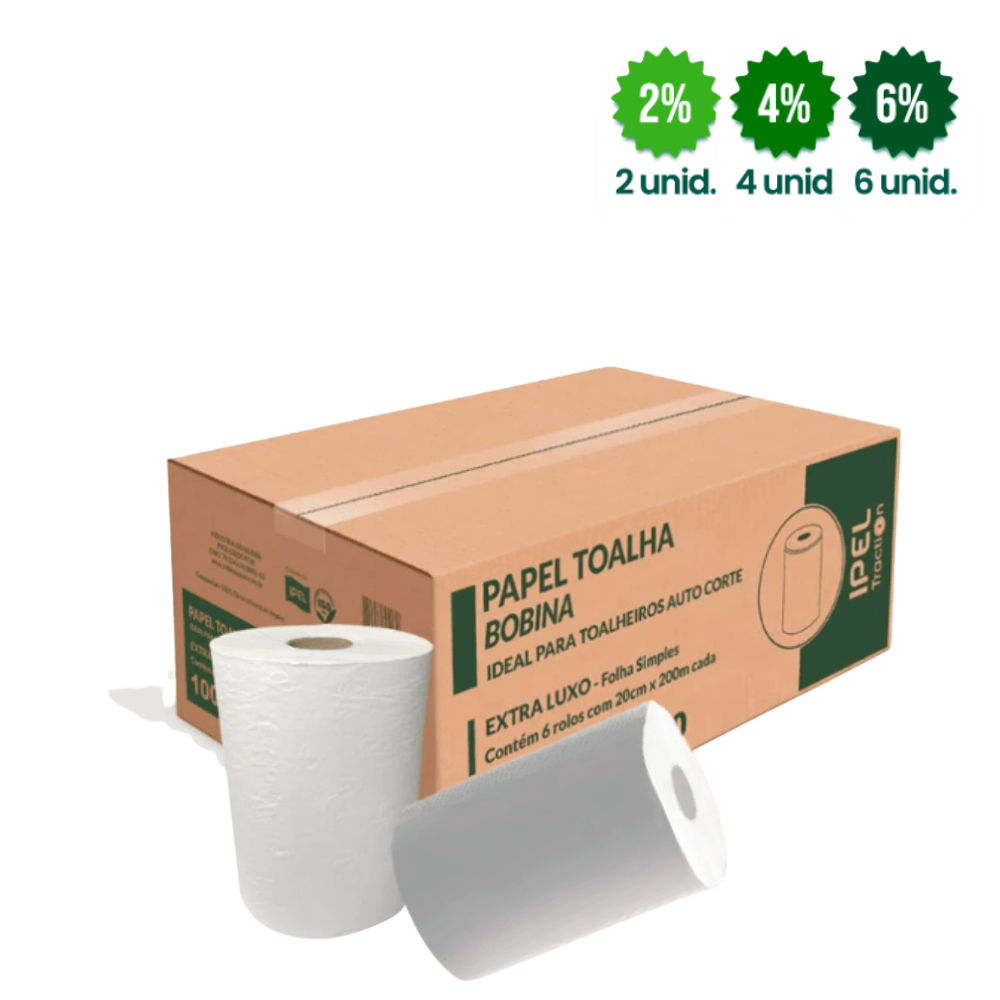 Papel Toalha Bobina 100% celulose 30gr Ipel Indaial com 6 rolos de 200 metros