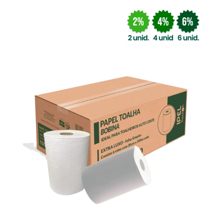 Papel Toalha Bobina 100% celulose 30gr Ipel Indaial com 6 rolos de 200 metros