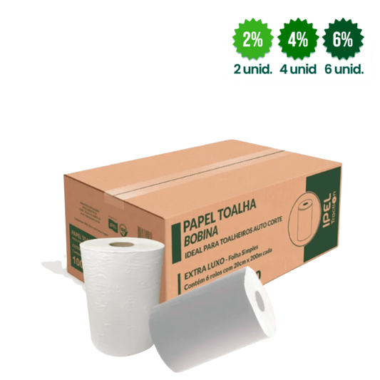Papel Toalha Bobina 100% celulose 30gr Ipel Indaial com 6 rolos de 200 metros