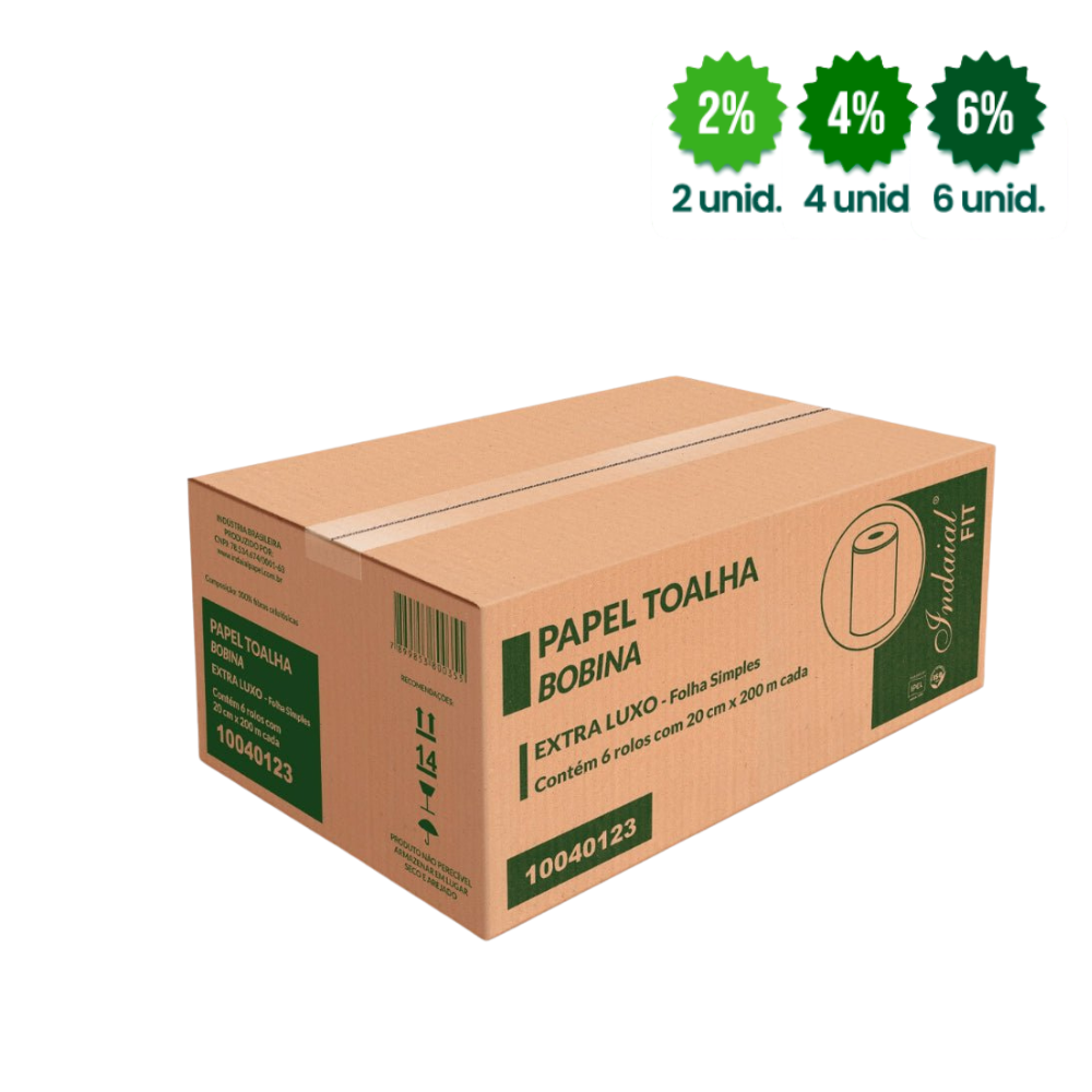 Papel Toalha Bobina Indaial Fit 100% Celulose com 6 rolos de 200 metros Alta Qualidade e Resistência