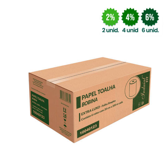 Papel Toalha Bobina Indaial Fit 100% Celulose com 6 rolos de 200 metros Alta Qualidade e Resistência