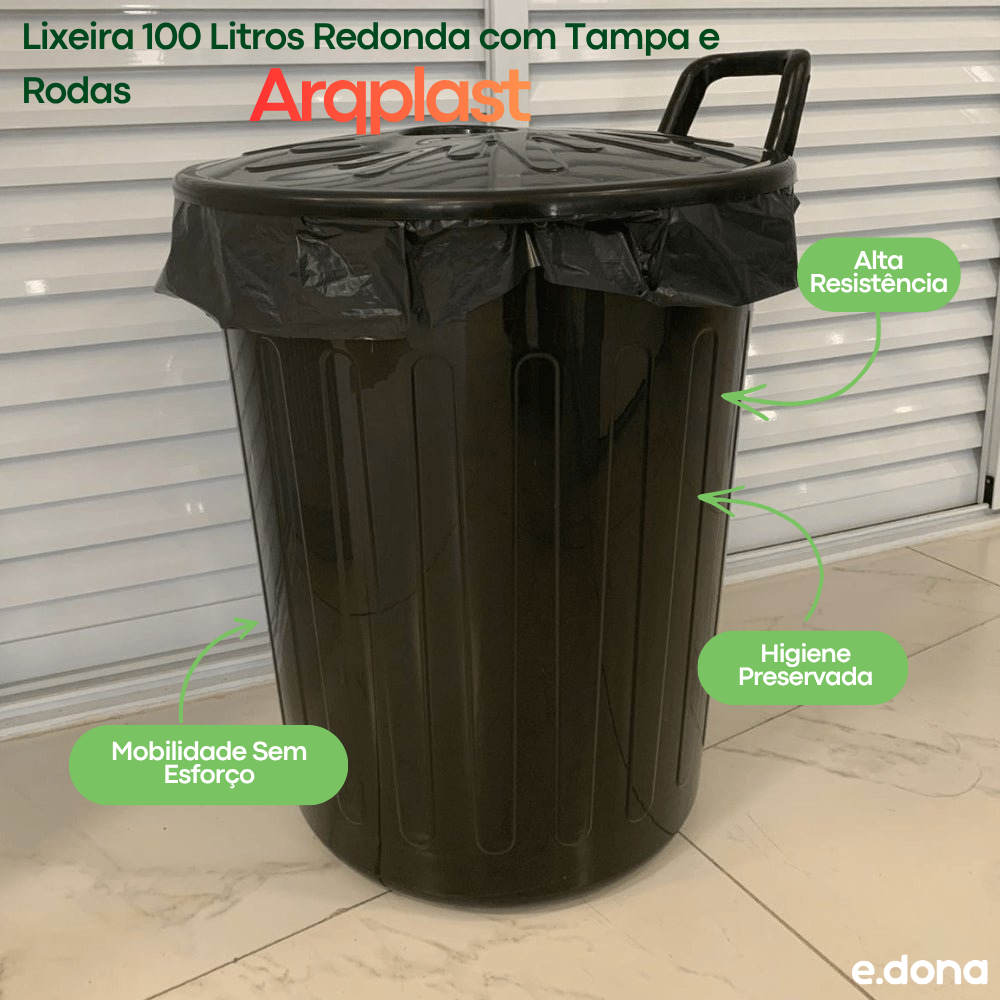 Lixeira 100 Litros Redonda com Tampa e Rodas - Arqplast