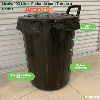Lixeira 100 Litros Redonda com Tampa e Rodas - Arqplast