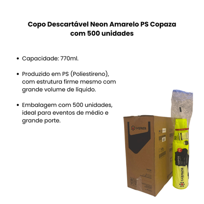 Copo Descartável 770ml Neon Amarelo PS Copaza com 500 unidades