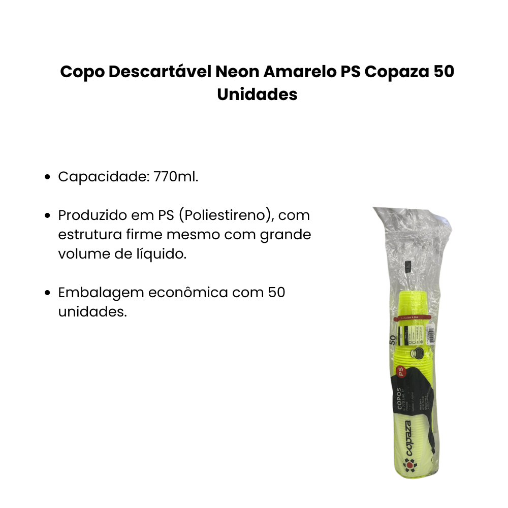 Copo Descartável 770ml Neon Amarelo PS Copaza 50 Unidades