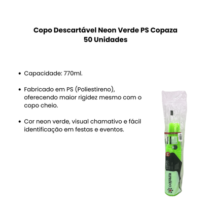 Copo Descartável 770ml Neon Verde PS Copaza 50 Unidades