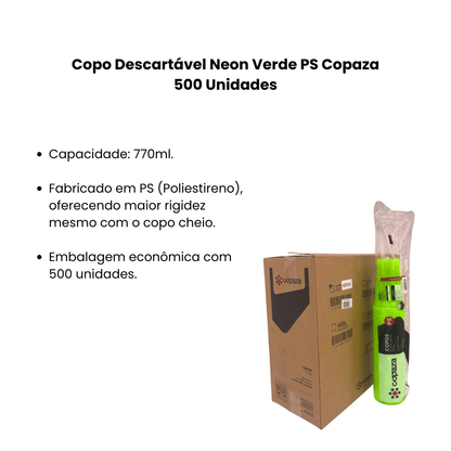 Copo Descartável 770ml Neon Verde PS Copaza 500 Unidades