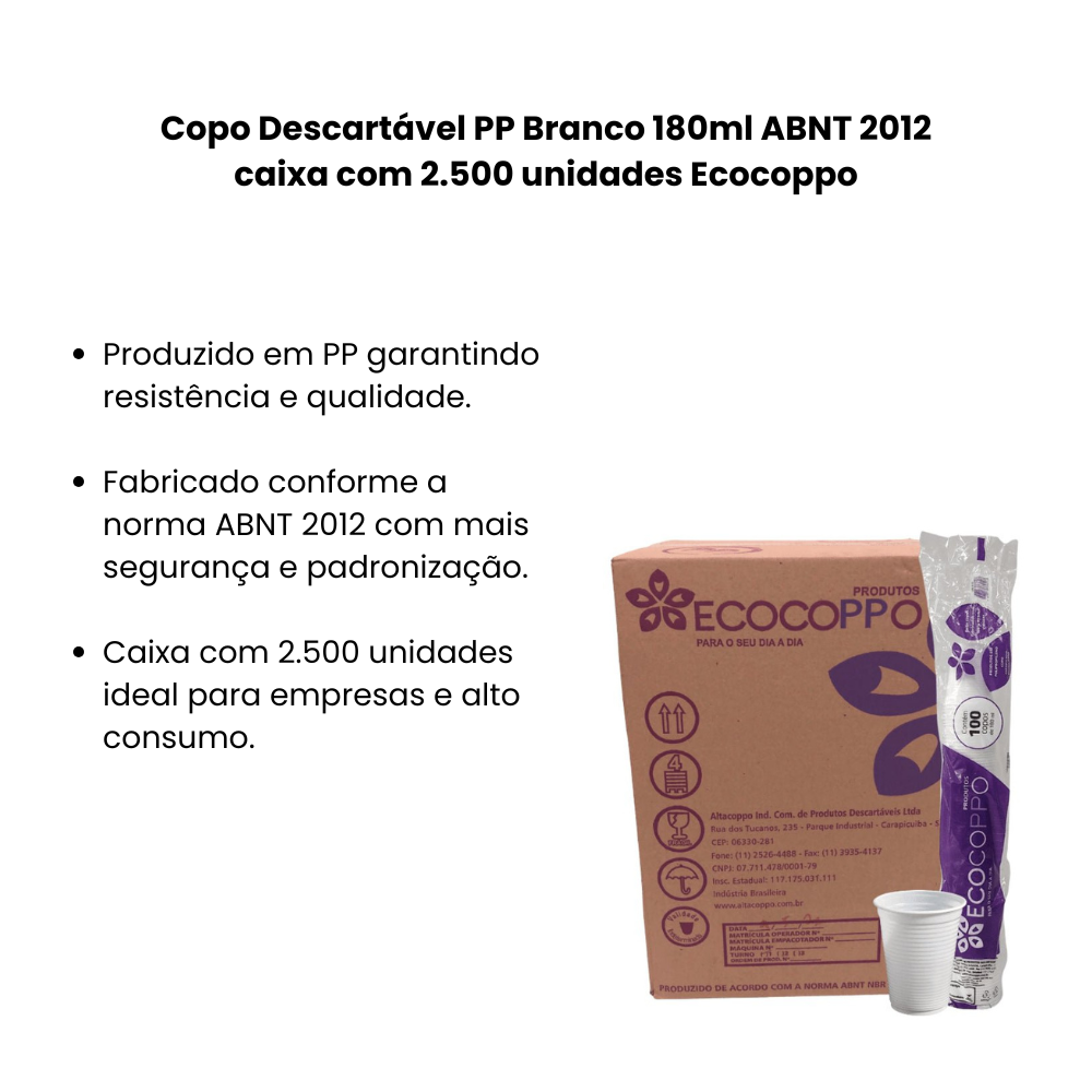 Copo 180ml branco PP Ecocoppo ABNT2012 2.500 | e.dona