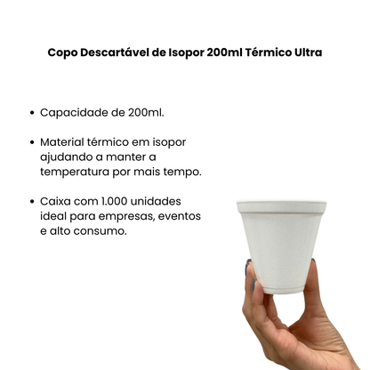 Copo Descartável de Isopor 200ml Térmico Caixa com 1.000 unidades Ultra