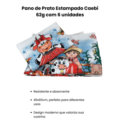 Pano de Prato Estampado 45x65cm Caebi 62g com 6 unidades