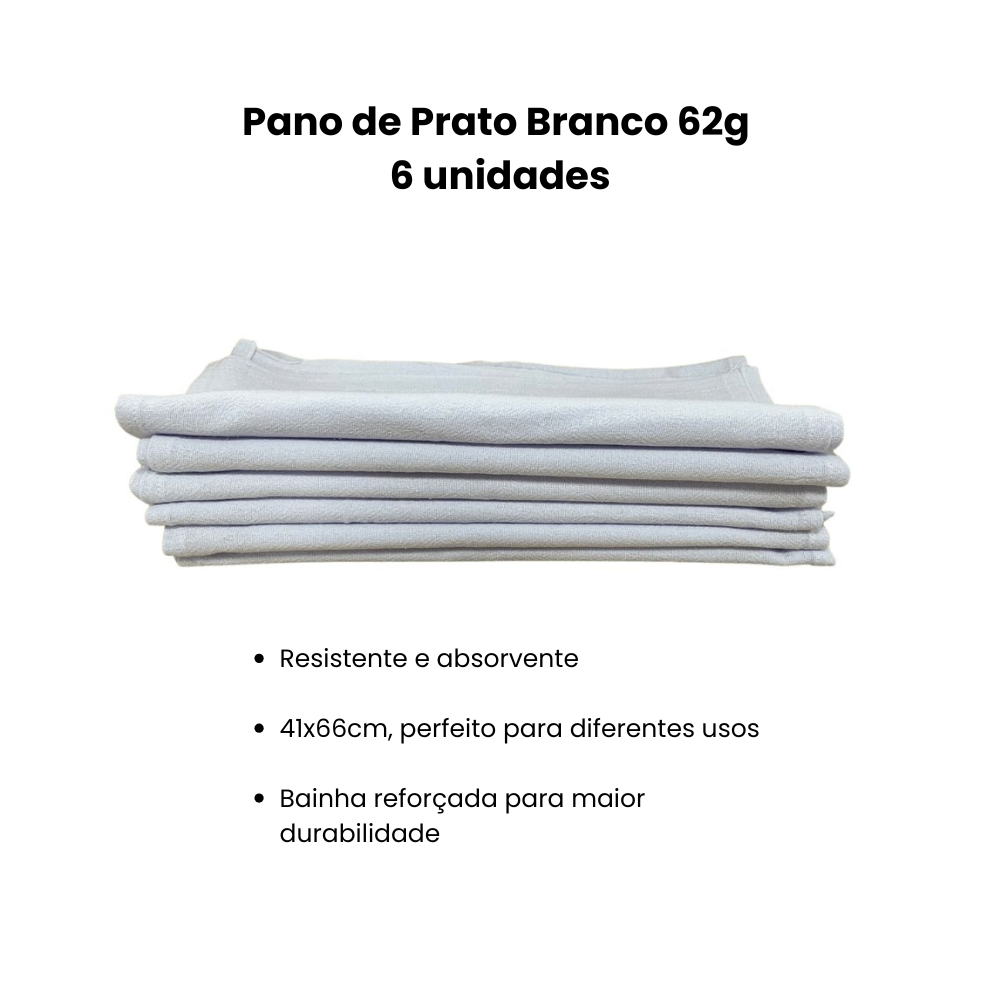 Pano de Prato Branco 41x66cm com Bainha 62g com 6 unidades