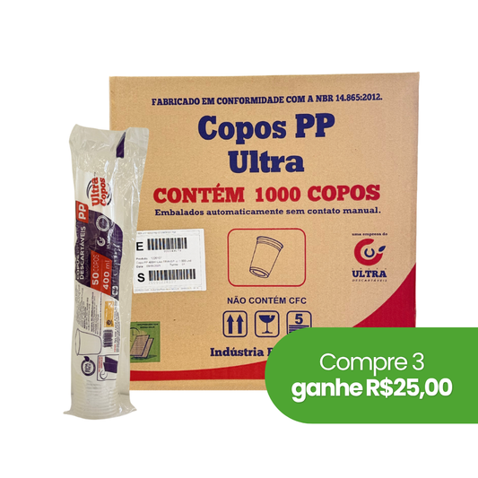 Copo Descartável 400ml Transparente Liso PP Ultra Copos Replast com 1.000 unidades