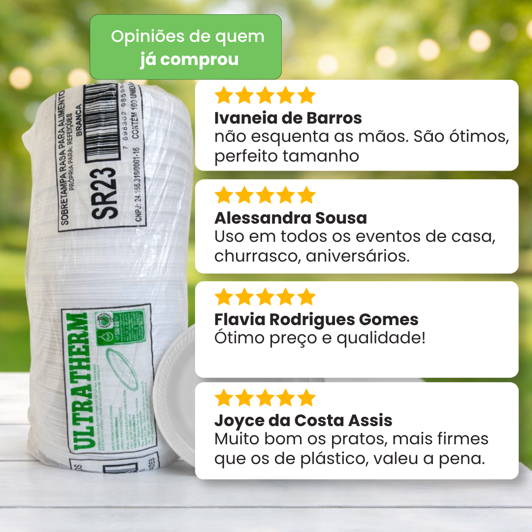 Prato Descartável Raso de Isopor 23cm para Refeições com 100 unidades Ultratherm