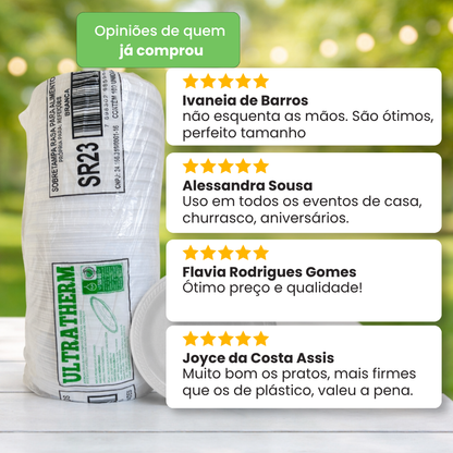 Prato Descartável Raso de Isopor 23cm para Refeições com 100 unidades Ultratherm