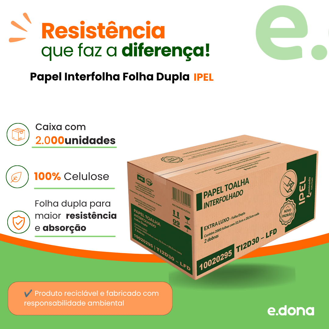Papel Interfolha Folha Dupla IPEL 100% Celulose – Caixa com 2.000 Folhas