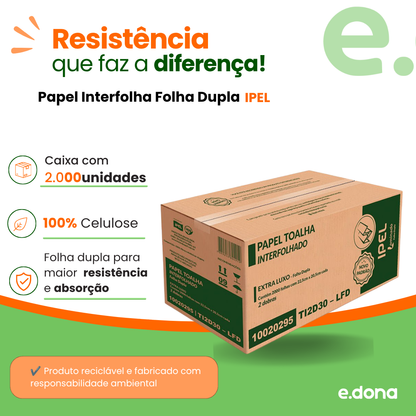 Papel Interfolha Folha Dupla IPEL 100% Celulose – Caixa com 2.000 Folhas