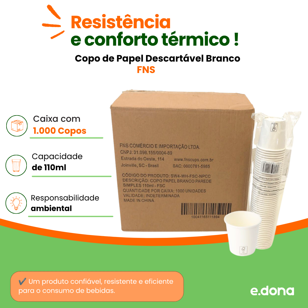 Copo de Papel Descartável Branco 110ml Caixa com 1.000 Unidades FNS