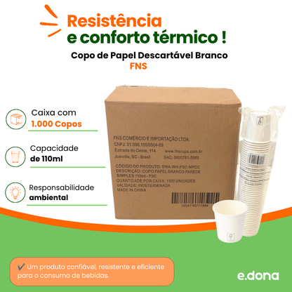 Copo de Papel Descartável Branco 110ml Caixa com 1.000 Unidades FNS