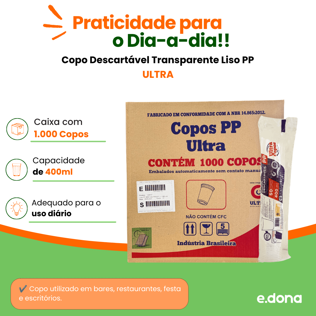 Copo Descartável 400ml Transparente Liso PP Ultra Copos Replast com 1.000 unidades