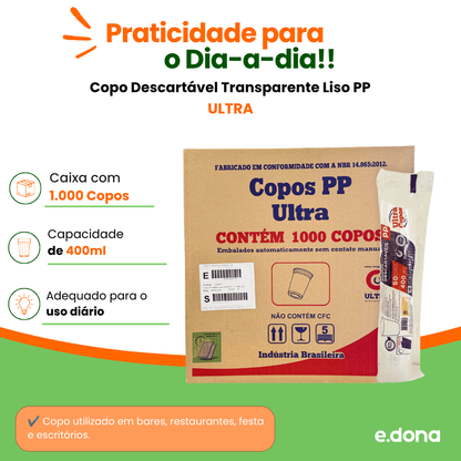 Copo Descartável 400ml Transparente Liso PP Ultra Copos Replast com 1.000 unidades