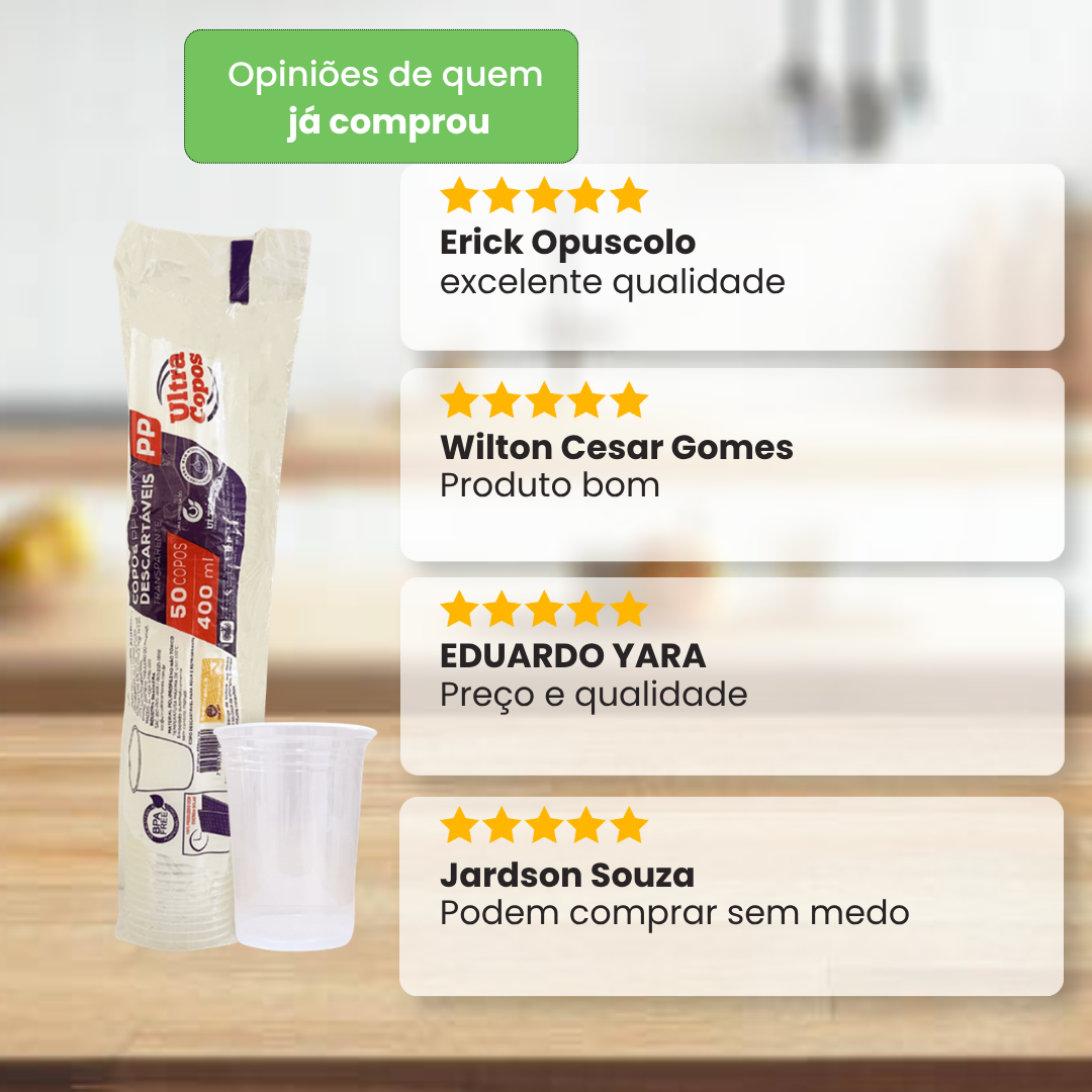 Copo Descartável 400ml Transparente Liso PP Ultra Copos Replast com 1.000 unidades