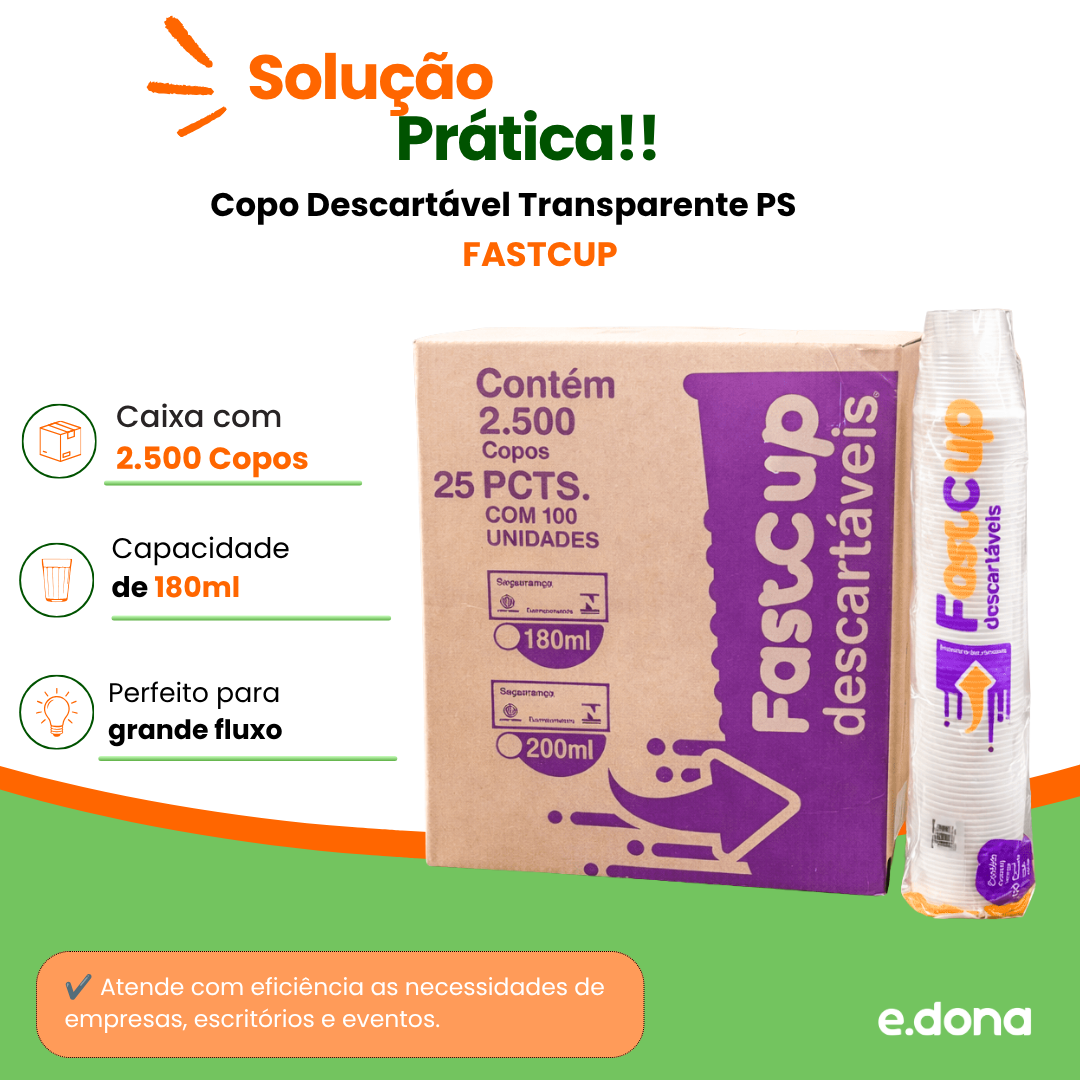 Copo Descartável 180ml Transparente PS FastCup  - 2.500 Unidades