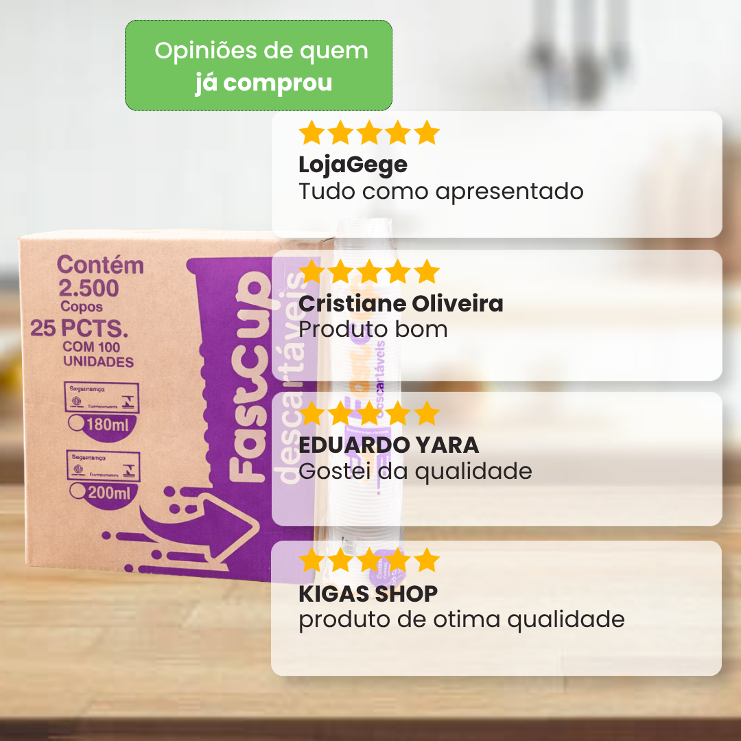Copo Descartável 180ml Transparente PS FastCup  - 2.500 Unidades