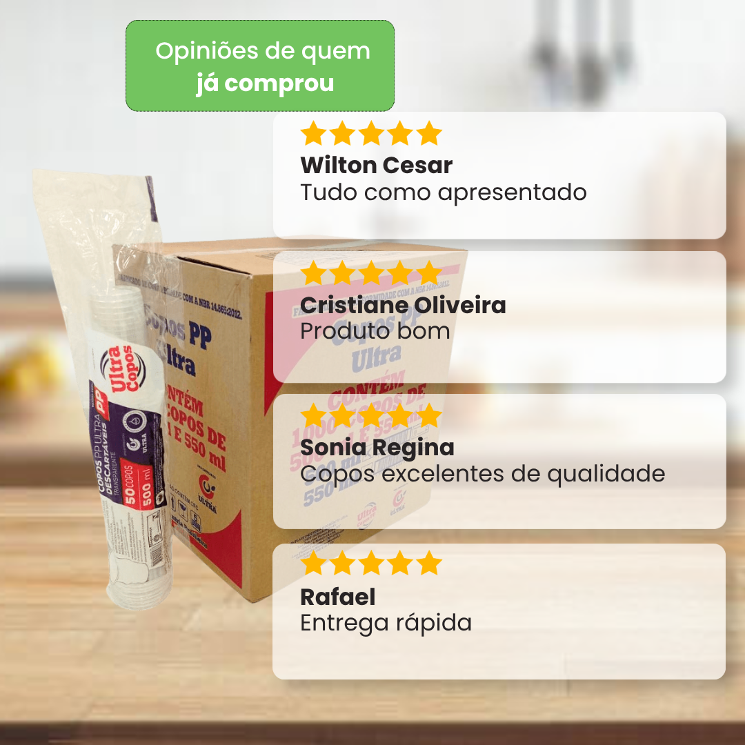Copo Descartável Transparente Liso 500ml Ultra – 1.000 Unidades