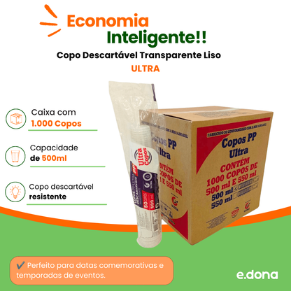 Copo Descartável Transparente Liso 500ml Ultra – 1.000 Unidades