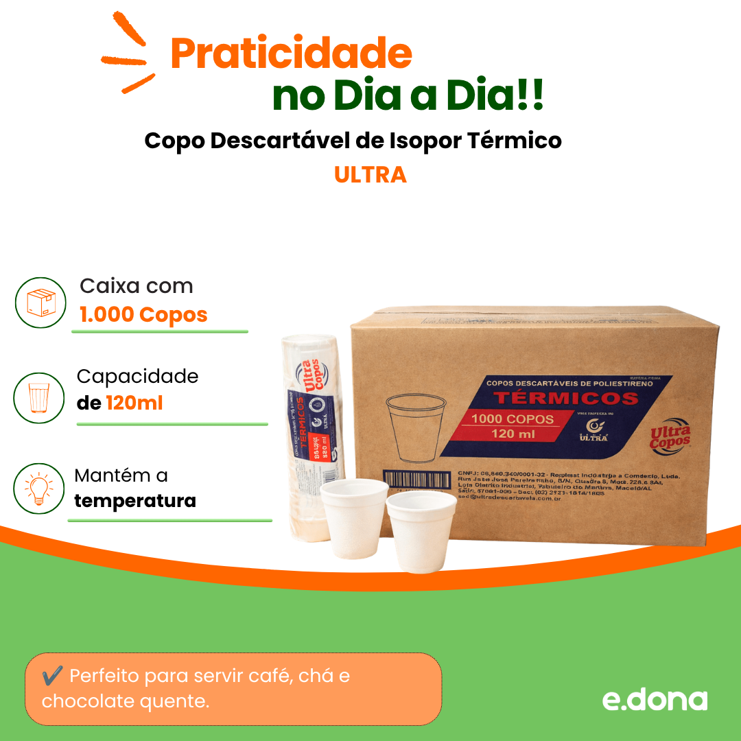 Copo Descartável de Isopor Térmico 120ml Replast Ultra - 1.000 unidades