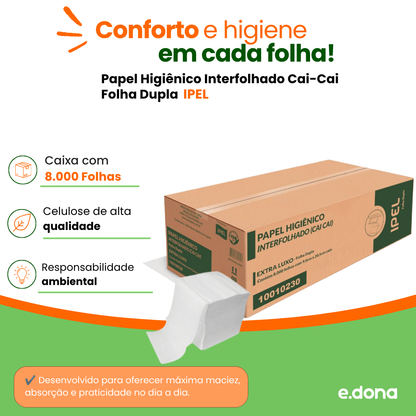 Papel Higiênico Interfolhado Cai-Cai Folha Dupla Ipel Indaial - Caixa Com 8.000 folhas