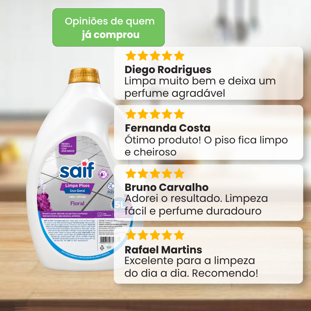 Galão de Limpa Pisos Saif 5L acompanhado de quatro avaliações positivas de 5 estrelas elogiando a limpeza, a praticidade e o perfume duradouro do produto.