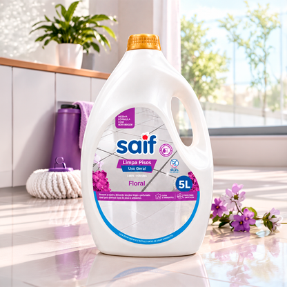 Galão de 5L do Limpa Pisos Saif Floral num chão brilhante e ensolarado de uma casa, ao lado de flores roxas e de um esfregão ao fundo.