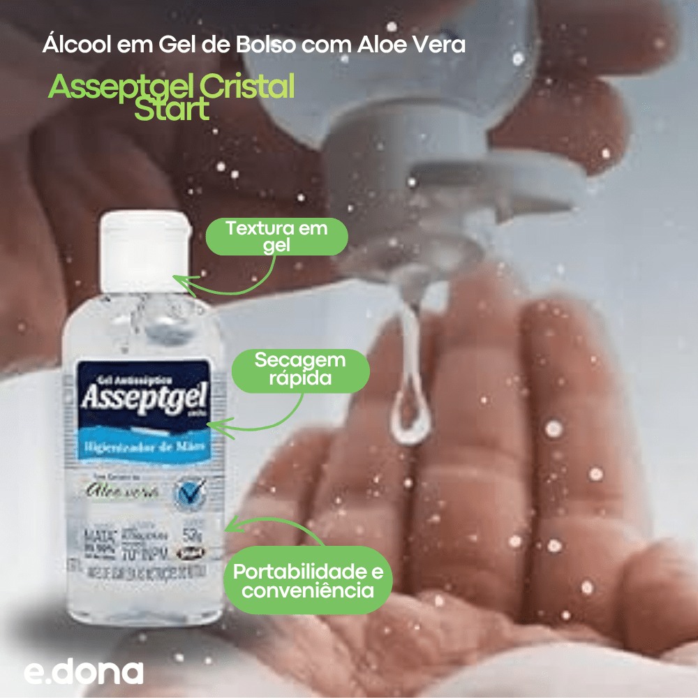 Álcool em Gel 71,04% de Bolso com Aloe Vera Asseptgel Cristal Start 52g - e - dona