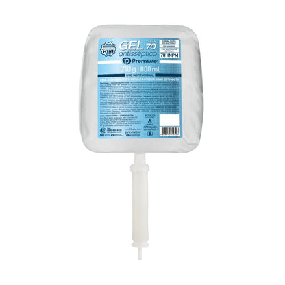 Refil/Sachê transparente de Gel Antisséptico Premisse 70% Álcool (710g / 800ml). O rótulo azul e branco informa 'USO INSTITUCIONAL' e '70° INPM', com um longo tubo dosador branco.