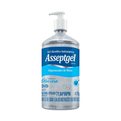 Frasco de 420 g, transparente, com válvula pump dosadora, contendo o produto Asseptgel Cristal Start. É um Gel Alcoólico Antisséptico Higienizador de Mãos. O rótulo azul e branco informa que o gel é feito com Extrato de Aloe vera e contém Álcool Etílico Hidratado 71,04°INPM. O frasco menor tem a mesma formulação do galão, ideal para uso em bancadas e mesas.