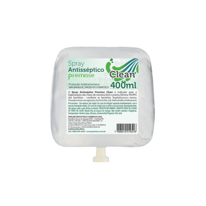 Refil/Sachê transparente de Spray Antisséptico Premisse Clean (400ml). O rótulo verde e branco indica 'Proteção Antibacteriana', 'SEM ENXAGUE', e que elimina 99,99% das bactérias. O produto é um refil para dispenser.