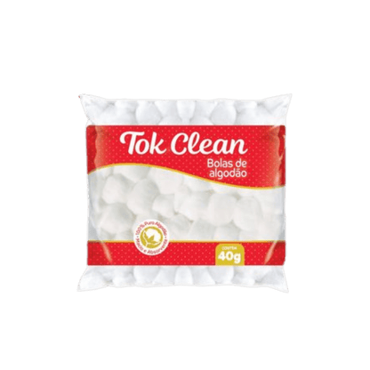 Pacote plástico branco e vermelho de Bolas de Algodão Tok Clean. O rótulo principal é vermelho, com a inscrição 'Tok Clean Bolas de algodão'. A embalagem contém 40g e indica que o algodão é '100% Puro e Absorvente'.